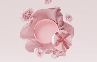 3D background display, open gift box. Cosmetic product presentation. Nature pastel peony flower. Pink cloth on wind. Present for woman. 3D render feminine mockup. Valentines day or birthday banner