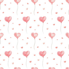 Heart-shaped balloons and hearts on a white background. Watercolor seamless pattern. Perfect for wrapping paper, background, wallpaper, textile design for Valentine's day.