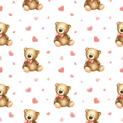 Teddy bears and hearts on the white background. Watercolor seamless pattern St. Valentine's day. Perfect for wrapping paper, background, wallpaper, textile design.