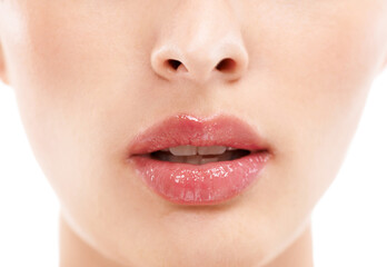 Woman face, skincare or lips with makeup cosmetics, mouth dermatology or healthcare wellness on...