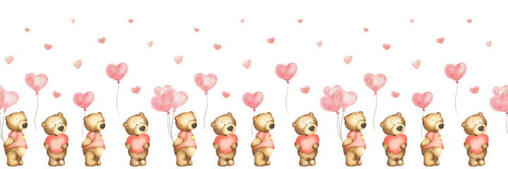 Teddy bear, heart-shaped balloons and hearts on a white background. Watercolor seamless border for Valentine's Day. Perfect for background, wallpaper, textile design.