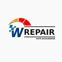 Initial W Letter with Speedometer, Race Icon for Automotive Company Logo. Motor Transportation Accelerated Service Store Logo Template