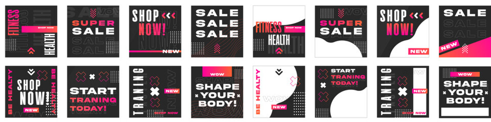 Black, Pink,Orange Social Media Post Template for Digital Marketing and Advertising Sale Promo. Puzzle Grid design for Fashion, Coffee Shops, GYM, Fitness vector set. Minimal, trendy, abstract layout.