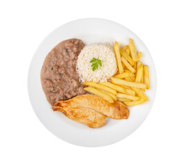 Chicken breast, rice, beans and french fries. Typical brazilian executive dish isolated over white background