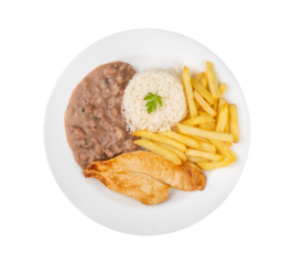 Chicken breast, rice, beans and french fries. Typical brazilian executive dish isolated over white background
