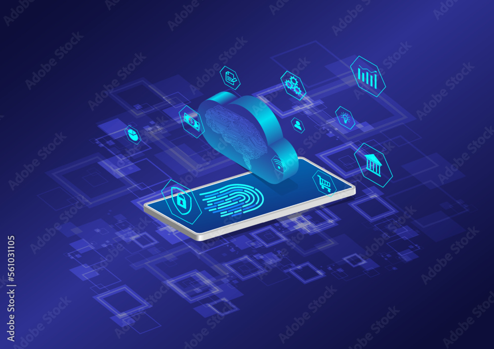 Poster abstract background technology security system fingerprint scan with smartphone login cloud computer