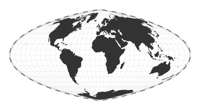 World map vector illustration. Boggs eumorphic projection. Plain world geographical map with latitude and longitude lines. Centered to 0 degrees longitude. Vector illustration.