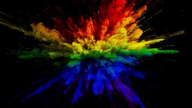 Cg animation of color powder explosion on black background. Lgbt flag colors. Slow motion movement with acceleration in the beginning. Has luma matte