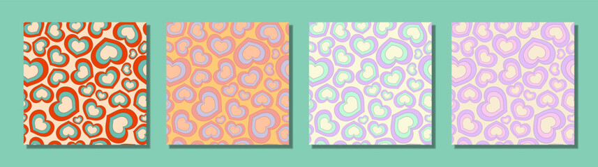 Seamless Patterns of Groovy Hearts. Psychedelic vector background in retro style.