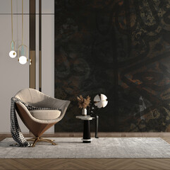 Modern interior living room with black background calligraphy art wallpaper with armchair and table - 3D rendering