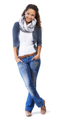 Young model, portrait and happy black woman with fashion and natural beauty in studio. White background, standing woman and young female student isolated leaning with happiness, smiling and mockup