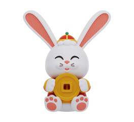 2013 Chinese new year. Rabbit in traditional Chinese clothing holding gold coin. Transparent background. 