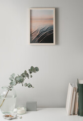 Aesthetic and minimal home office, desk top with wall art
