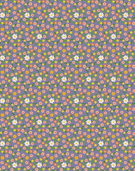 Cute summer floral fabric pattern with white daisies and small colorful flowers on a gray lilac background
