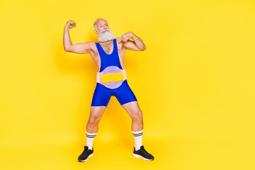 Fototapeta na wymiar Full length photo of confident narcissistic person arm flex biceps point finger self isolated on yellow color background