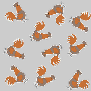 Paper pattern with orange and brown chickens on a grey background