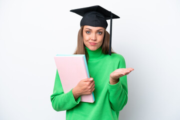 Young student caucasian woman isolated on white background having doubts while raising hands