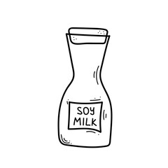 Bottle of soy milk in doodle style. Hand drawn vegetarian food, drink. Vector illustration isolated on white background