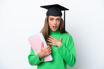 Young student caucasian woman isolated on white background surprised and shocked while looking right