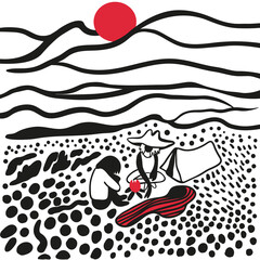 landscape with two people.a couple on a camping in the desert.friends made a fire at night under the moon.