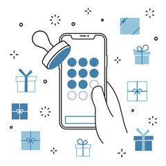 手に持ったスマートフォンのアプリ スタンプカード プレゼントのアイコンセット