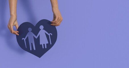 Hands holding elderly couple with walking sticks in heart shape, older people mental health, age care concept