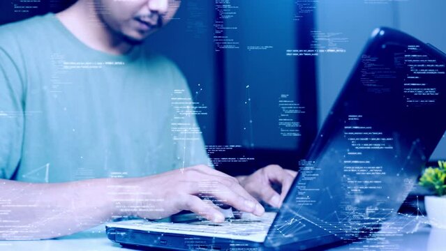 Man uses a laptop computer to log in to an internet network to communicate via digital technology. Access to online business contacts with password protection of personal data for cyber security.