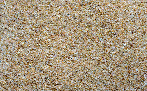 Fine beach sand background, close-up shot. Sea sand wallpaper. Almost even distribution of light. Beach sand contains quartz (silica) and feldspar.