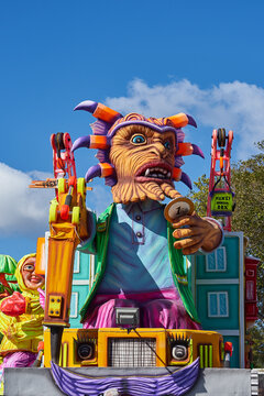 Grand Parade of colorful carnival-floats during Mardi Gras in Valletta street in Malta. Annual Fat Tuesday Maltese street parade allegorical floats and masquerader procession