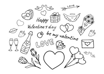 Fototapeta premium Doodle set elements for valentines day line art style. Vector illustration. Icons and inscriptions.