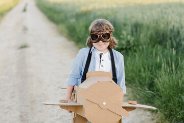 A cheerful kid in aviator's glasses sitting in a cardboard plane. Wheat field background lit by sunlight. Children's games and dreams. High quality photo