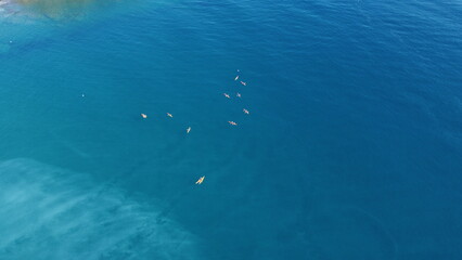 Naklejka premium Several kayakers in the mediterranean from a drone