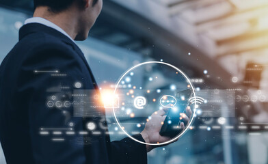 Contact us or Customer support hotline people connect. Businessman using a laptop and touching on virtual screen contact icons ( email, address, live chat, internet wifi ).