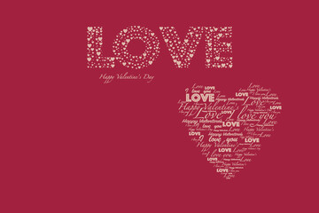 Text Love, Happy Valentine's day composed by hearts and  big heart consisting of words Happy Valentine's day, i love you, love in pink color on a Viva Magenta background