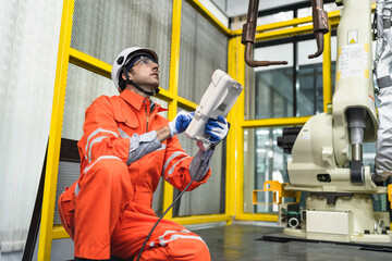 Caucasian technician engineer man use remote control with checking machine arm robot at factory	