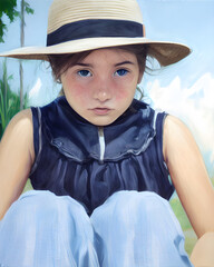 a little girl sitting on the ground with blue sky and white clouds at the backdrop