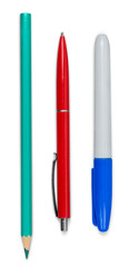 Fototapeta premium School colored stationery supplies collection, pen and pencil