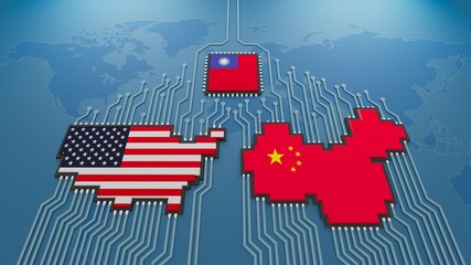 Microchip USA China Taiwan on blue world map background.3d illustration