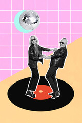 Vertical photo collage of mature age people couple dancing together retro oldschool leather jackets discoball party isolated on plaid pink background
