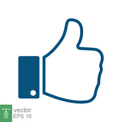 Thumb up, like icon. Simple flat style. Hand thumbs up line blue color, filled outline, social media concept. Vector illustration design isolated on white background. EPS 10.