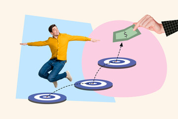 Collage of young funny energetic man business startup banknote owner jumping targets trampoline...
