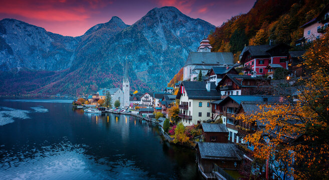 Wonderful nature landscape during sunset. Colorful morning in the Halstatt. view of famous Hallstatt mountain village, with Hallstatter see in the Austrian Alps, region of Salzkammergut, Austria
