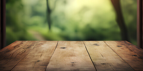 3D Illustration with wooden natural floor and blurred trees bacground. Template for product placement