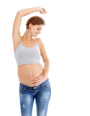 Body of happy pregnant woman in studio dance on white background for pregnancy health, growth and development. Healthcare, wellness and an excited mother, hand holding stomach with advertising space