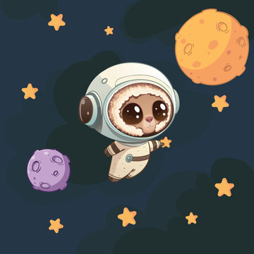 A sheep in space hanging stars. Cute vector illustration for your projects.