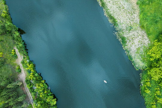 drone photo view of the river from a floating boat. summer day