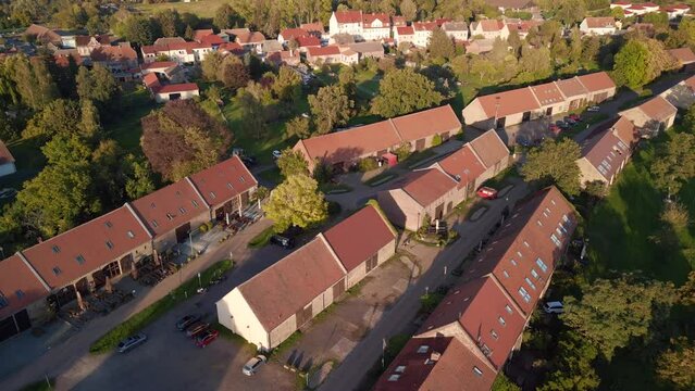 Historic barn district in kremmen brandenburg. Perfect aerial view flight drone