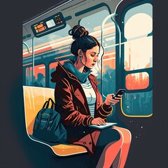 Generative AI illustration of woman using phone in public transport
