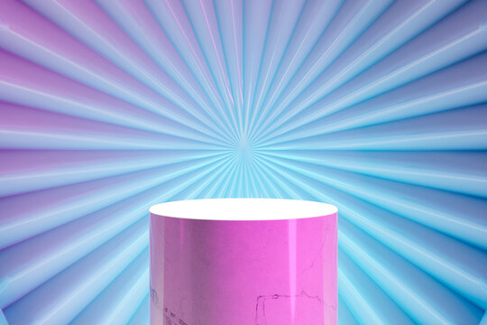 Marble wide, pink lit, cylinder shaped product presentation stage. Futuristic neon lit blue and pink turbine shaped backdrop. Digitally generated marketing template.