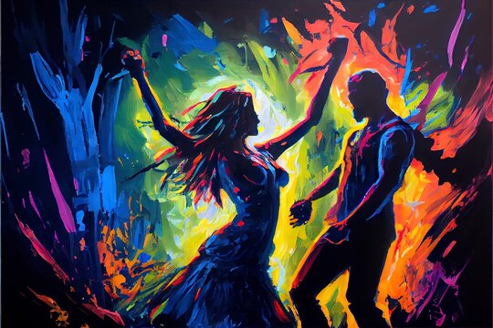 Woman and man dancing in a nightclub. Colorful background. 